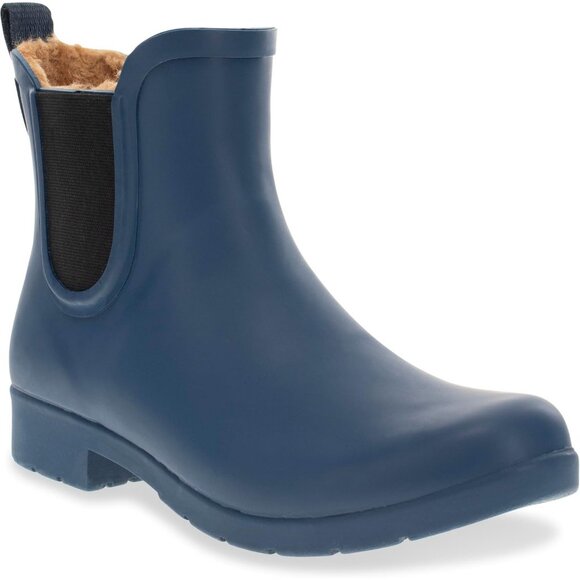 Women’s Blue Waterproof Plush Lined Slip On Rain Ankle Slim Chelsea Boots - Picture 1 of 13